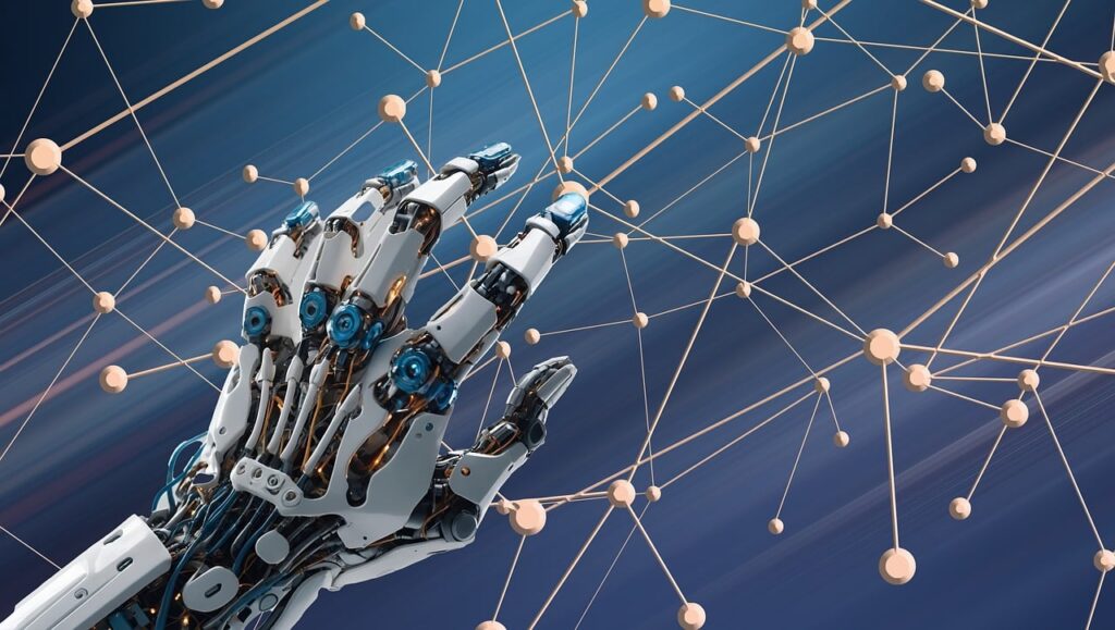 an image reflecting AI automation in Digital Marketing 2025 of an ai hand touching/connecting with a network